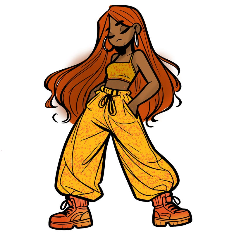 girl in baggy pants crop top and long hair