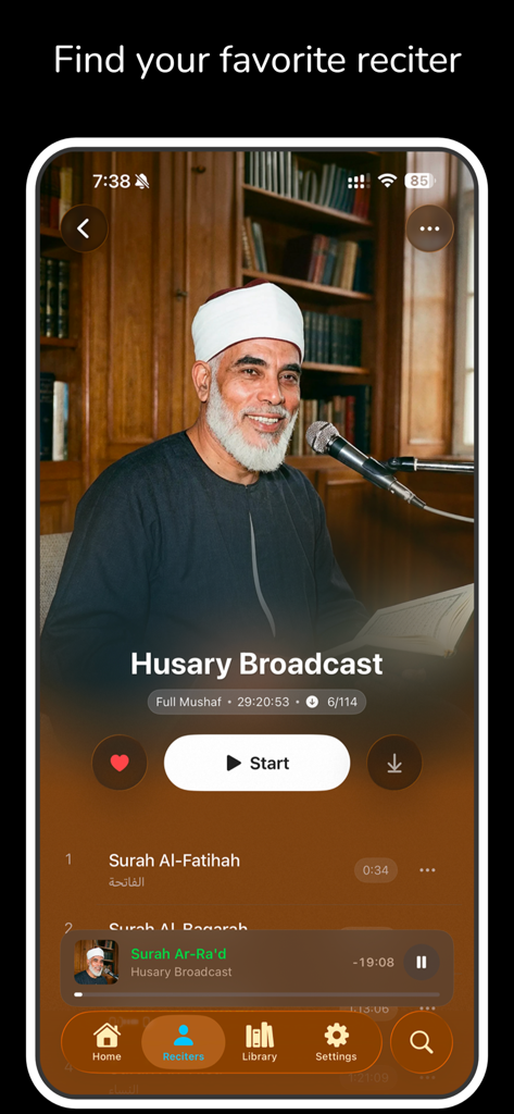 Quran Audio by Quran.com - Interface of the Quran Audio app showing a reciter profile for Husary Broadcast with play and download buttons