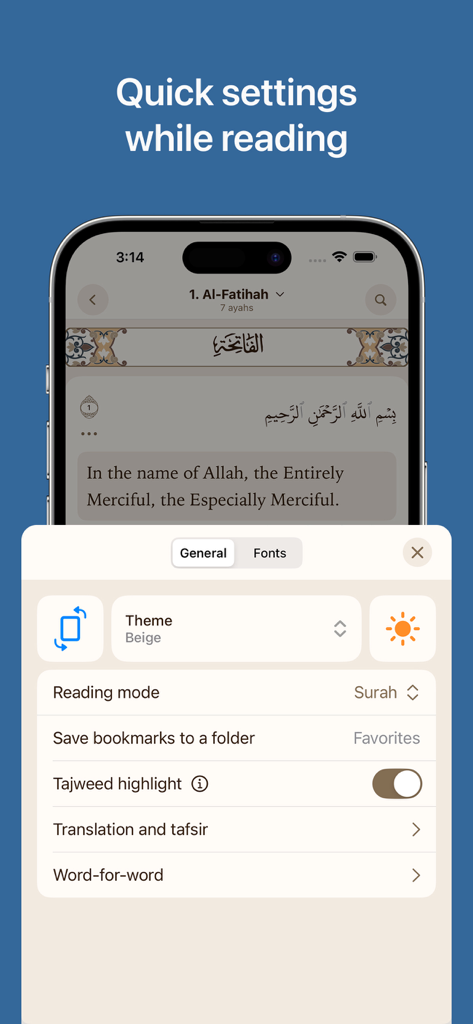 Quick reading settings interface showing themes and bookmarks in the Quran Academy app.