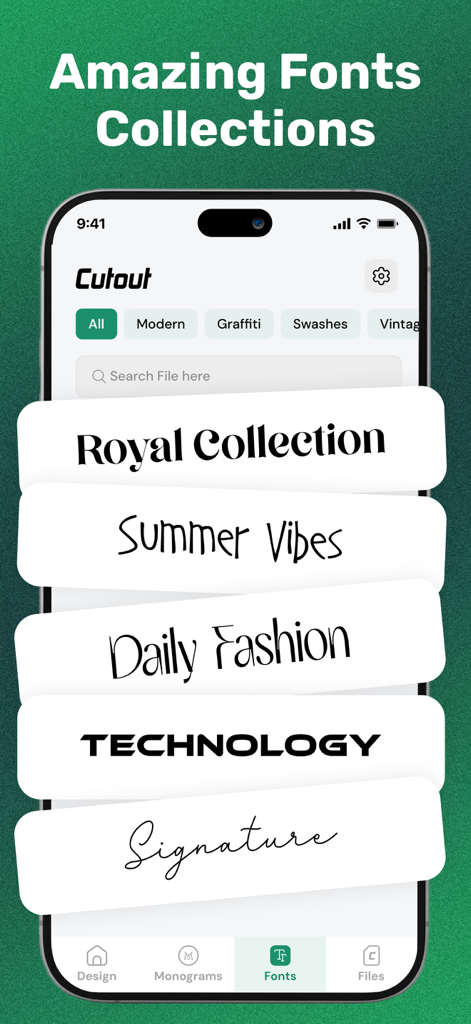 Cutout-Design Space for Cricut - Uma interface de aplicativo móvel exibindo vários estilos de fonte, incluindo coleções modernas, de grafite e de assinatura para projetos DIY Cricut.