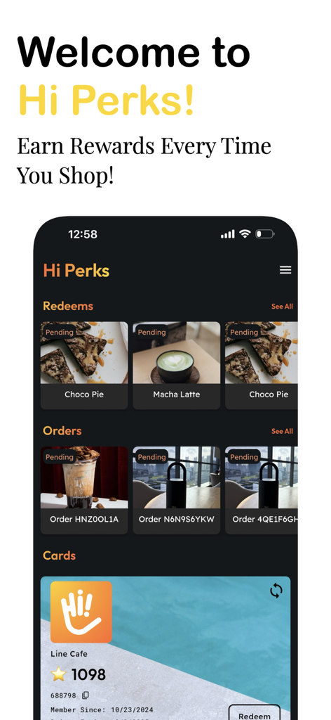 Mobile app interface of Hi Perks showing loyalty reward options and point balance for a local cafe