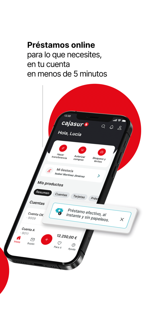 Cajasur - Interfaz de la app de banca móvil Cajasur que muestra una notificación de préstamo instantáneo y un resumen del saldo de la cuenta