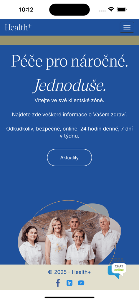 Pantalla de inicio de la aplicación HealthPlus, que muestra la marca de clínica premium y el equipo médico.