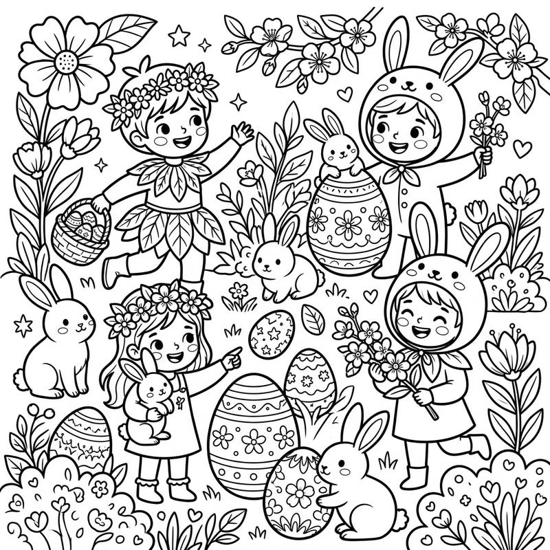 Dive into a delightful world of spring and celebration with this charming coloring page, blending nature-inspired fashion with the magic of Easter. Adorable kawaii children and bunnies are ready to be brought to life with your favorite colors amidst a garden bursting with decorated eggs and blossoms.
