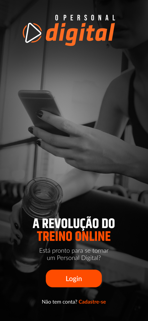 Pantalla de inicio de sesión de la aplicación Personal Digital para profesionales del fitness con una llamada a la acción para la revolución del entrenamiento online.