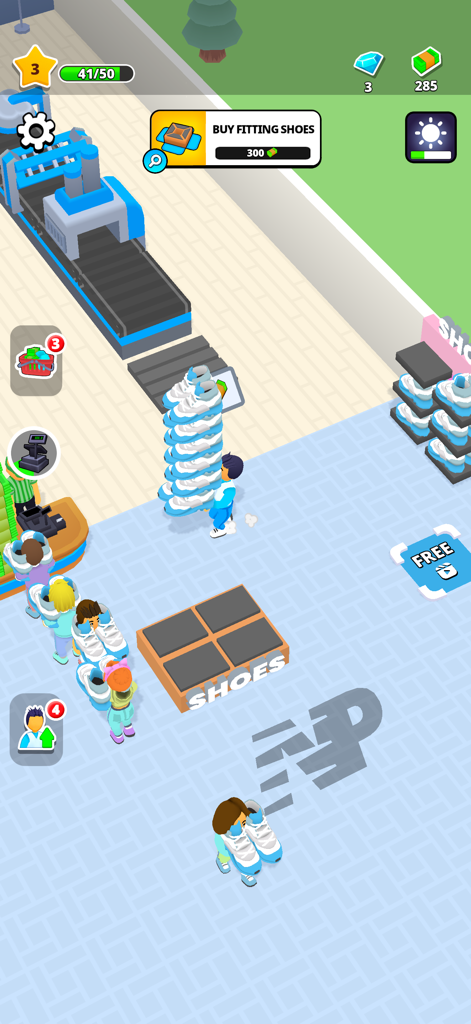 Gameplay screenshot of Just Step Fashion Empire showing a character carrying a stack of sneakers in a boutique shop