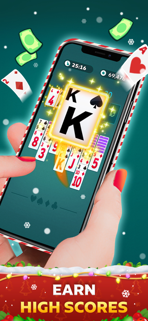 Solitaire Infinite: Win Cash - Eine Hand hält ein Smartphone, das Solitaire Infinite mit festlichen Winterdekorationen und dem Text 'Earn High Scores' spielt