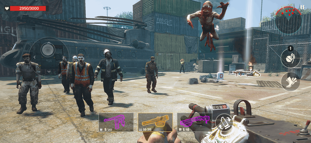First person view of a player fighting a zombie horde and a leaping mutant in an industrial area.