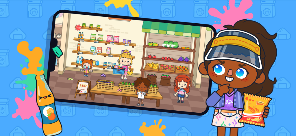 Terra World: Avatar Maker Life - Diversos personajes de dibujos animados jugando en una tienda de comestibles en Terra World