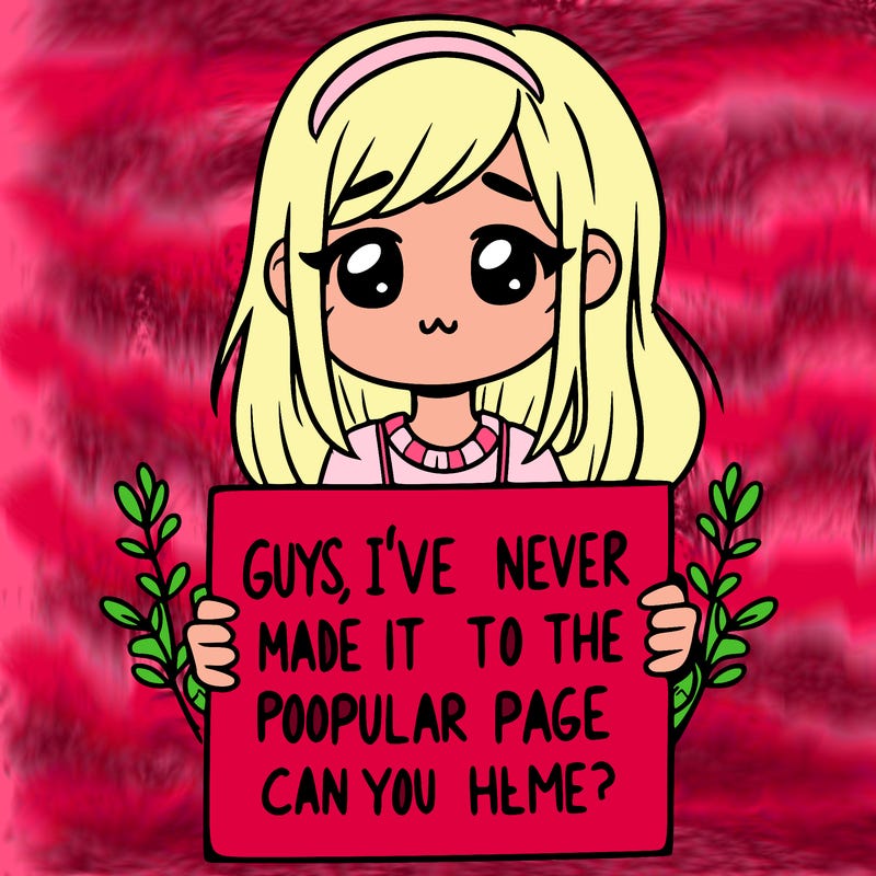 a girl holding up a sign that says, guys, i’ve never made it to the popular page, can you help me?