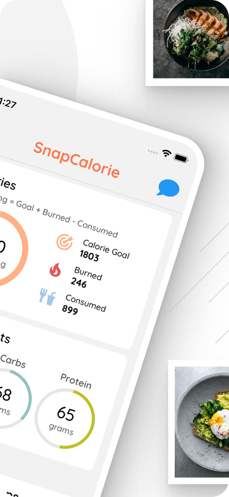 SnapCalorie AI app interface displaying daily calorie and protein tracking metrics