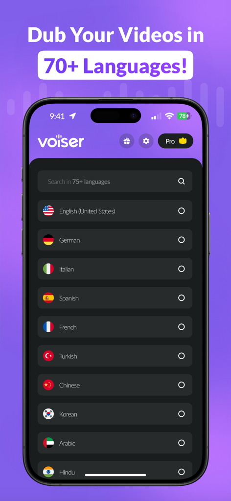 AI Dubbing & Video Translator - Uma tela de smartphone exibindo o menu de seleção de idioma do aplicativo de dublagem com IA com uma lista de idiomas globais e bandeiras