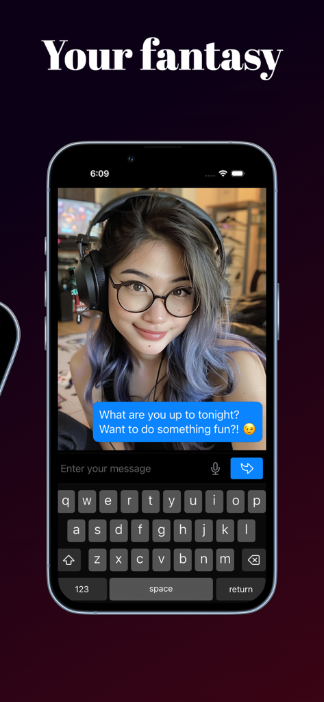 Interface d'application mobile montrant une conversation avec un personnage de compagnon IA