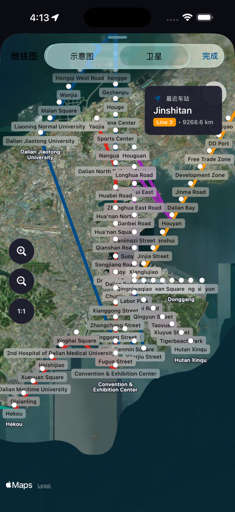 Metro Dalian Map - 英語の駅名が付いた大連地下鉄ネットワークの衛星ビュー