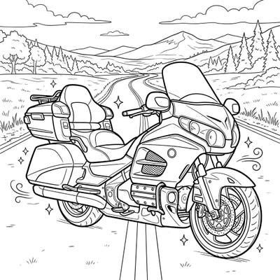 Embark on a grand artistic journey with this intricate touring motorcycle coloring page. Perfect for enthusiasts of the open road, it captures the spirit of freedom and long-distance travel.