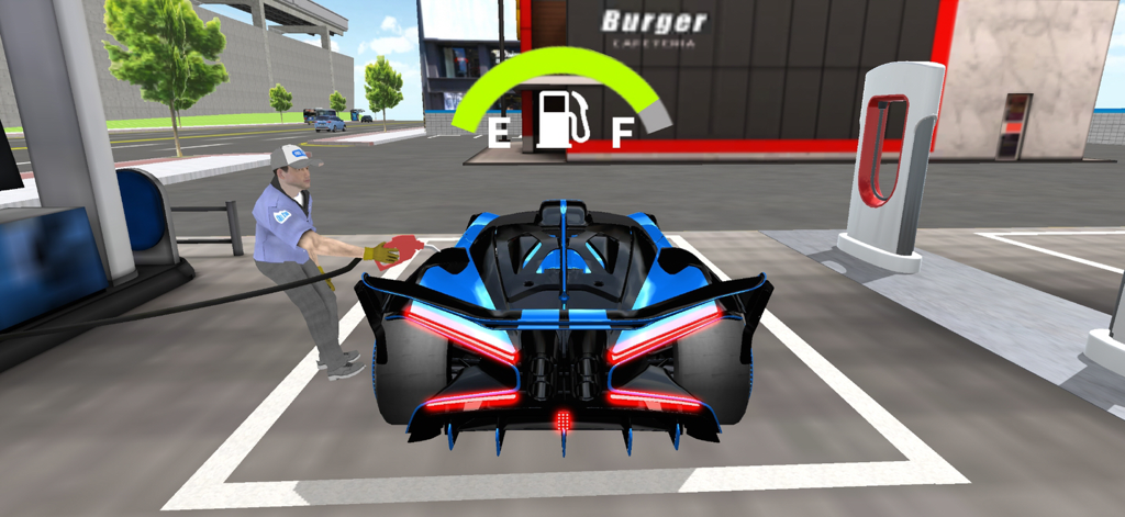 3D Driving Class - Repostando un coche azul en una gasolinera en la simulación Clase de Conducción 3D