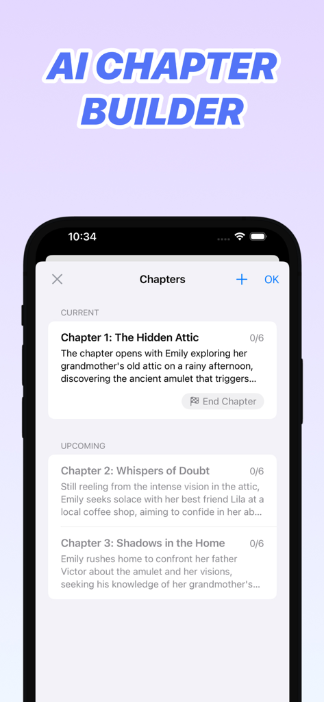Uncensored AI - InkPal - Interface of the InkPal app showing the AI Chapter Builder tool with a list of story chapters and plot descriptions.