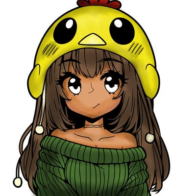 anime girl with chick shaped hat with sweater with bare shoulders with bangs covering them one eye with low tail