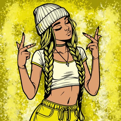 realistic teenage girl with braids and a beanie and crop top doing 🫶🏼