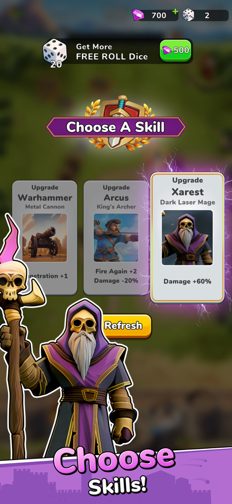 Boom Castle: Tower Defense TD - Una pantalla de selección de habilidades en Boom Castle mostrando tres tarjetas de mejora para héroes y armas