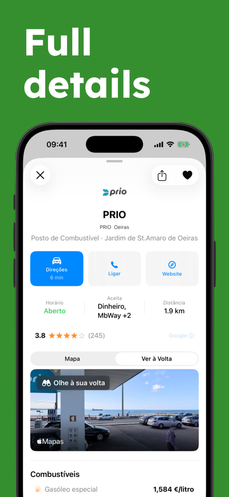 PortuGAS - Fuel Prices PT - Vista dettagliata di una stazione di servizio in Portogallo che mostra i prezzi del carburante e le indicazioni sull'app PortuGAS