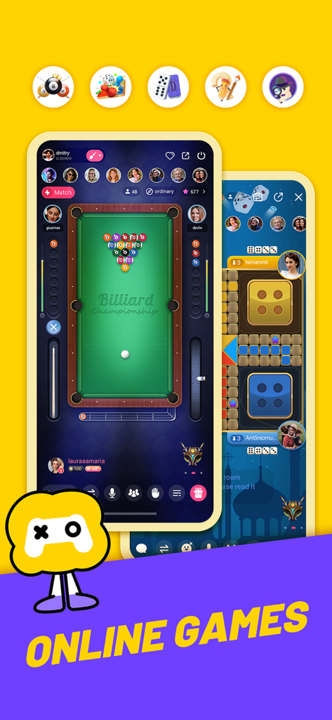 Gamingo - Mobile interface of Gamingo app featuring online mini games and social chat rooms