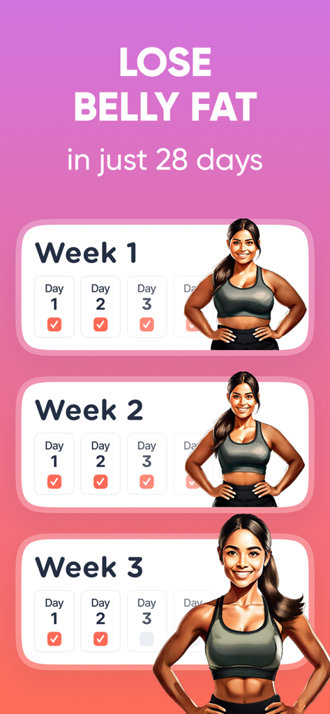 EasyFit - Lazy Workout at Home - Un plan de entrenamiento de 28 días para perder grasa abdominal que muestra el seguimiento del progreso semanal con un personaje femenino ilustrado.