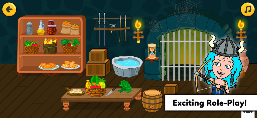 Tizi Town - Dream Castle House - A cartoon character in a viking helmet roleplaying in a castle dungeon with a food pantry and weapons.