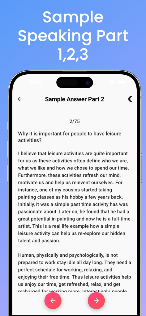IELTS Speaking Prep 2026 - Smartphone screen showing an IELTS Speaking Part 2 sample answer about the importance of leisure activities.