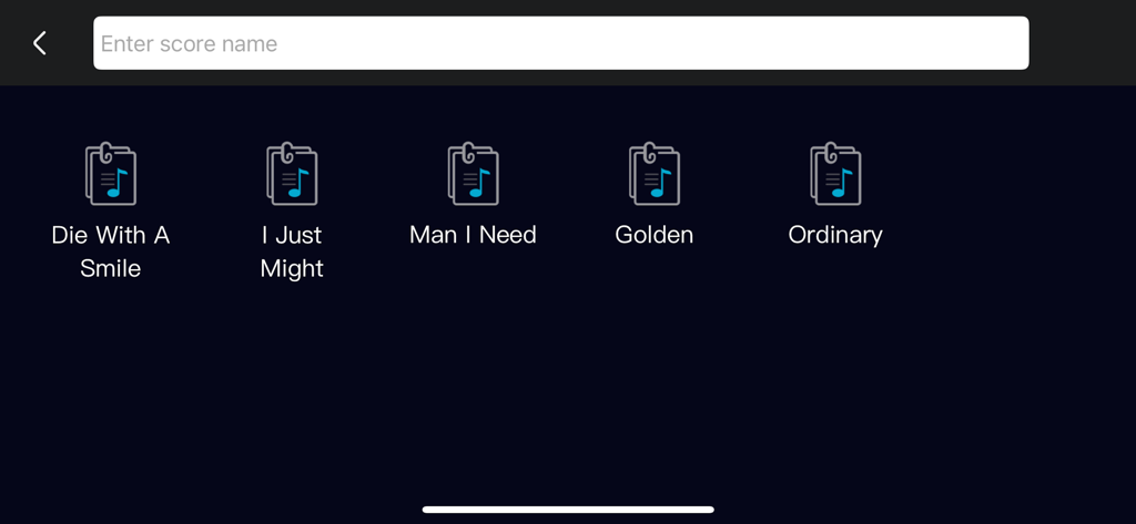 DrumScore - Drum Sheet Music - A library view in the DrumScore app showing several saved drum sheet music projects.