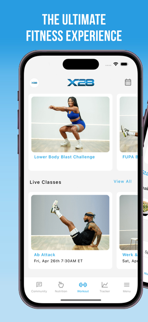 X28 Fitness & Nutrition - X28 Fitness app on a smartphone showing workout challenges and live classes