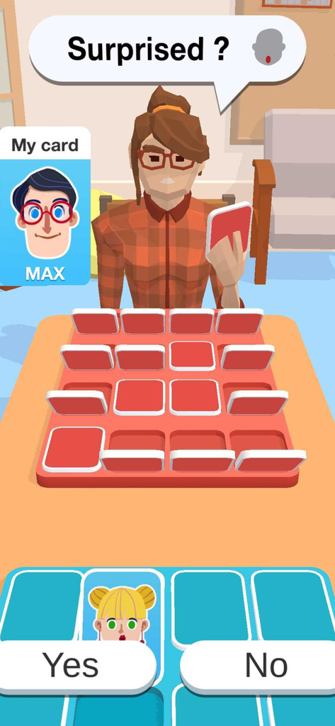 Guess It 3D - Ein Gameplay-Screenshot von Guess It 3D, der ein Charakter-Schätz-Rätselbrett und eine Frage zu Emotionen zeigt