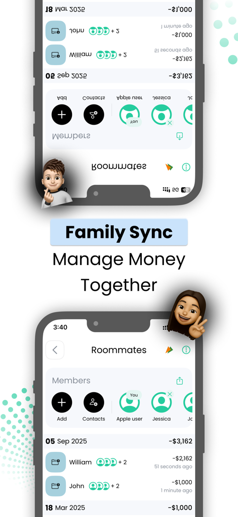 The Bills Organizer: Spendable - Pantalla de la aplicación Spendable que muestra la función Family Sync para administrar gastos compartidos con compañeros de piso.