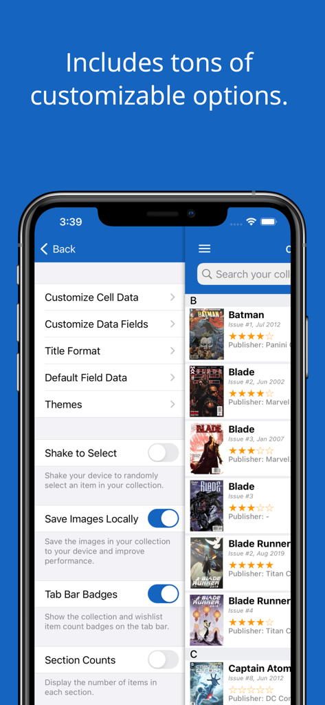 iCollect Comic Books - Keys - Uma interface móvel do aplicativo iCollect Comic Books mostrando um menu de personalização com opções de campos de dados, temas e armazenamento de imagens local.