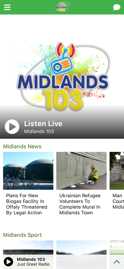 Midlands 103 - Midlands 103 app home screen showing live radio player and local news for Laois Offaly Westmeath and Longford