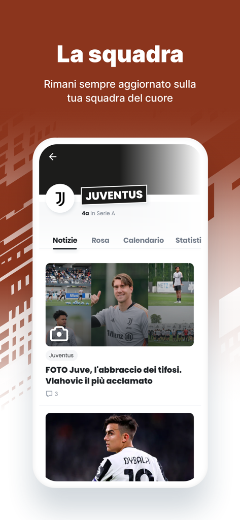 Tuttosport app interface displaying news and updates for the Juventus soccer team.