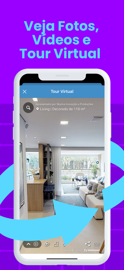 Viva Real Imóveis - Smartphone screen displaying a virtual tour of a modern apartment on the Viva Real real estate app