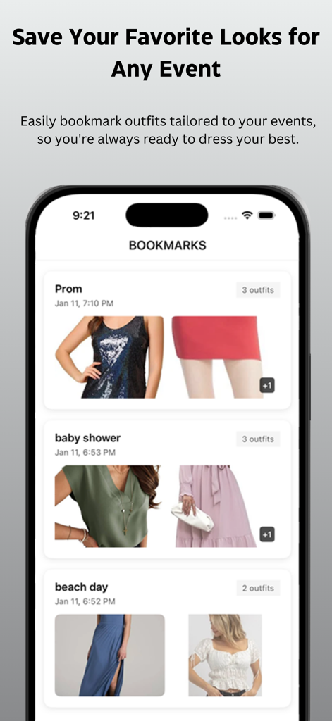 Ufit.AI - Interface do aplicativo Ufit.AI exibindo uma página de favoritos com looks salvos para eventos como baile e chás de bebê