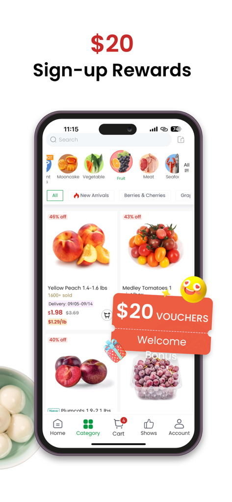 FreshGoGo Asian Grocery & Food - FreshGoGo app home screen showing twenty dollar welcome vouchers and fresh grocery items like peaches and tomatoes.