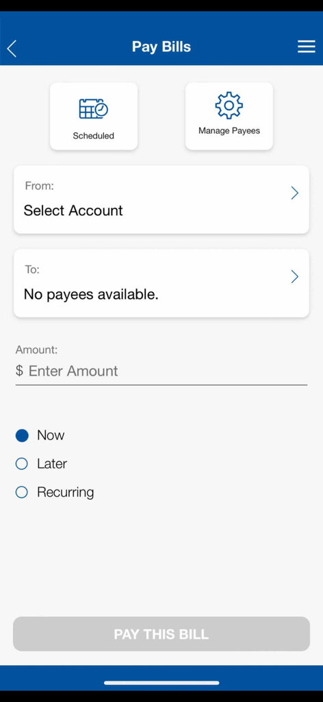 Northern Credit Union mobile app Pay Bills screen showing account selection and payment frequency options