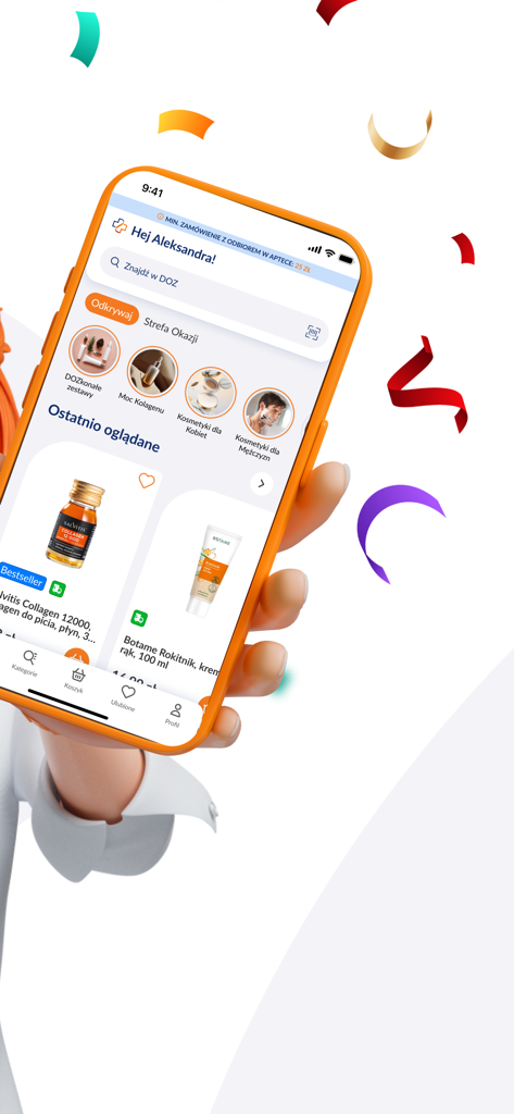 A hand holding a smartphone displaying the home screen of the DOZ.pl pharmacy app with various healthcare and beauty products.