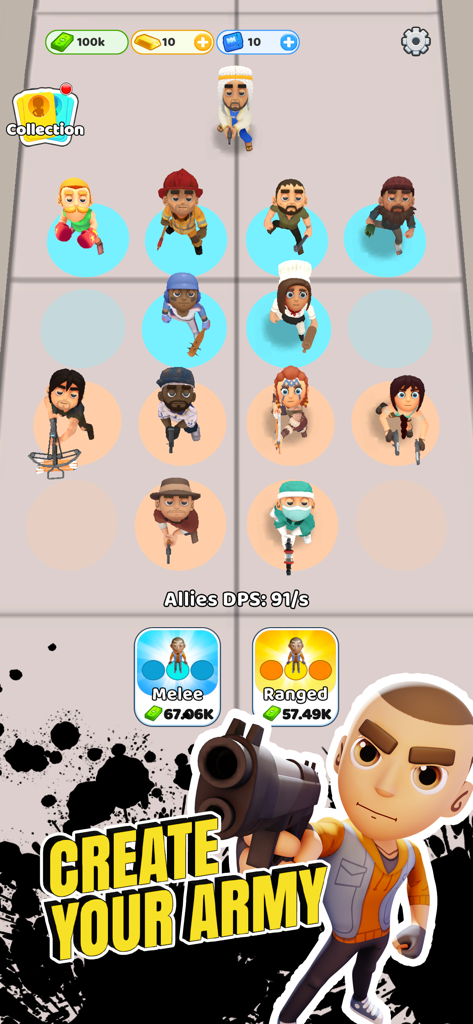 Survivor Idle Run: Z-RPG Game - Pantalla del juego Survivor Idle Run mostrando una cuadrícula de aliados reclutados cuerpo a cuerpo y a distancia con el texto Crea tu ejército.