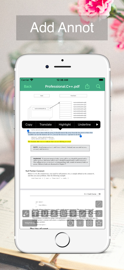 Recursos de anotação e destaque de PDF no aplicativo Leitor de PDF Mini no iPhone