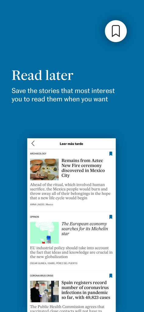 A screenshot of the EL PAÍS app showcasing the Read Later feature for saving news articles.