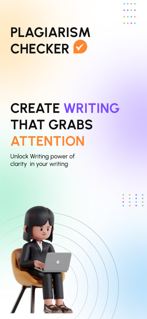 Pantalla introductoria de la aplicación Verificador de Plagio con una mujer trabajando en una laptop con el lema Crea Escritura que Capte la Atención