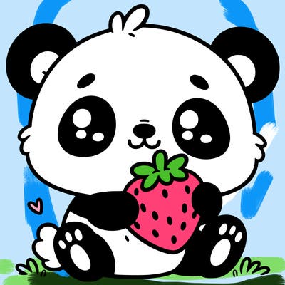 a cute panda with a eating a strawberry