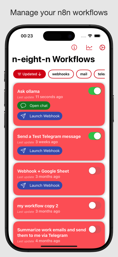 n-eight-n Workflows - Painel do aplicativo n-eight-n Workflows mostrando uma lista de tarefas de automação ativas e botões de alternância em um iPhone.