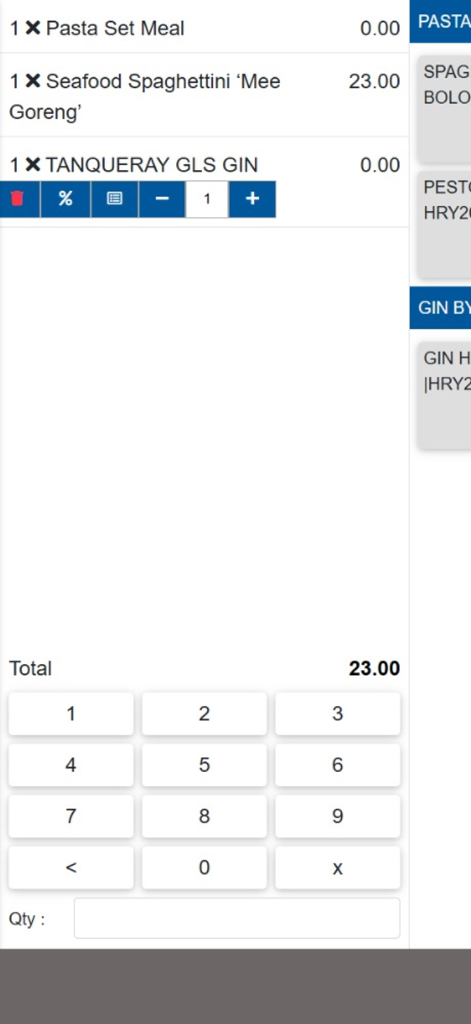 FnB POS - Schermata di inserimento ordini del POS mobile che mostra un conto di ristorante con articoli di cibo e bevande e una tastiera numerica