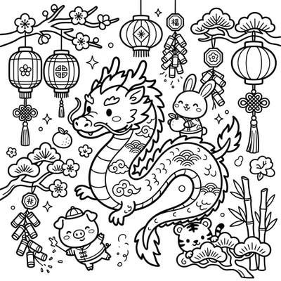 Celebrate Lunar New Year with this adorable Kawaii coloring page! Discover a friendly dragon, cute zodiac animals, and festive lanterns, all ready for your creative colors.