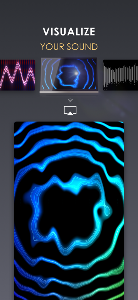 Music visualizer interface in Equalizer plus HD app displaying colorful sound wave patterns and spectral representations